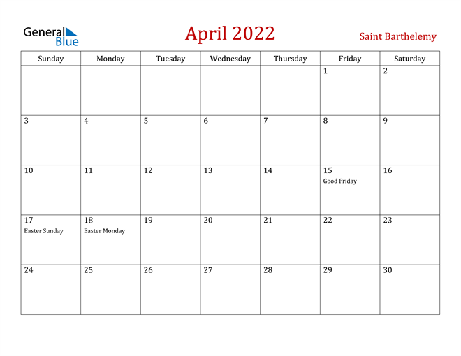 saint barthelemy april 2022 calendar with holidays