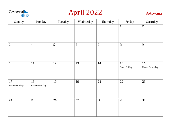 Botswana April 2022 Calendar