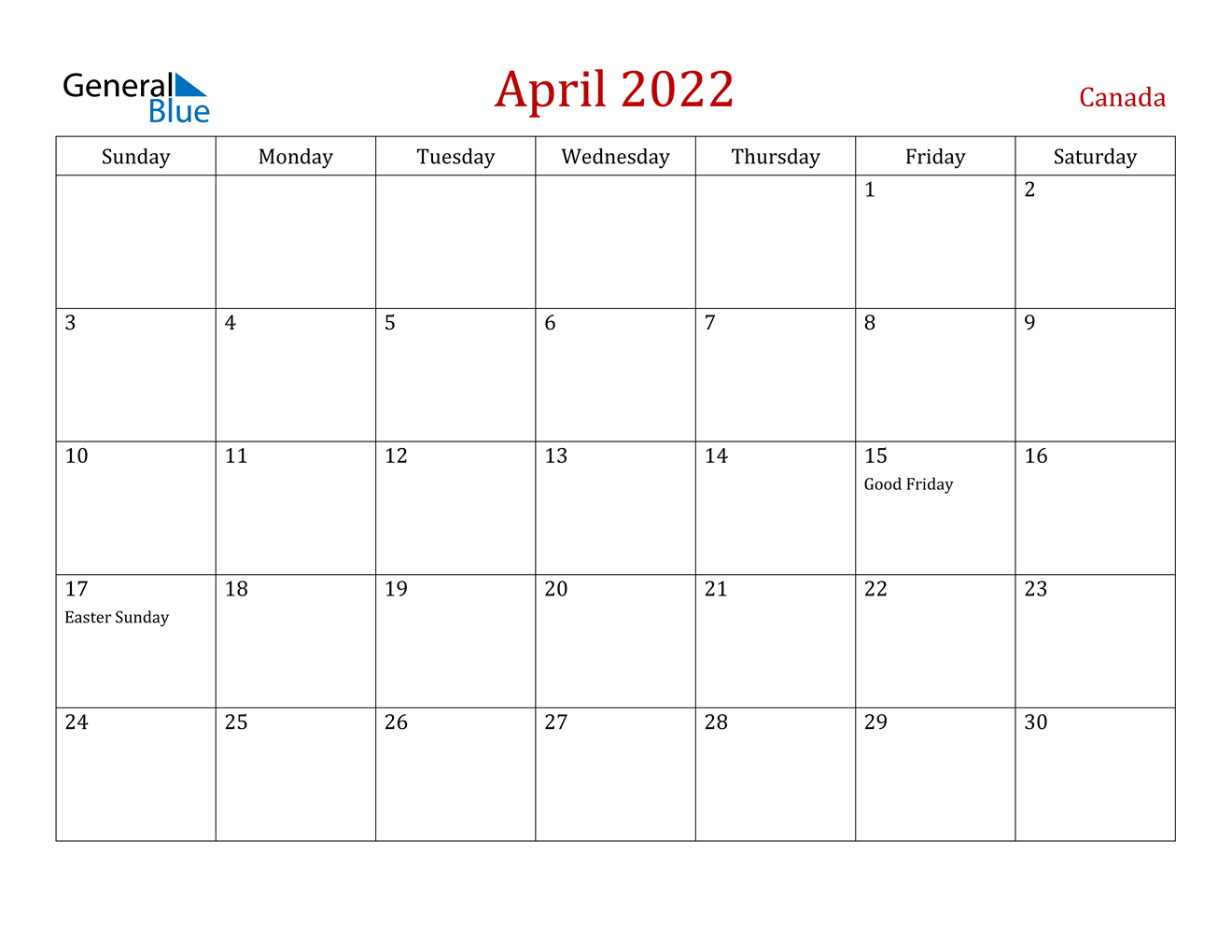 april 2022 calendar canada