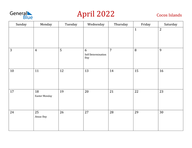 Cocos Islands April 2022 Calendar