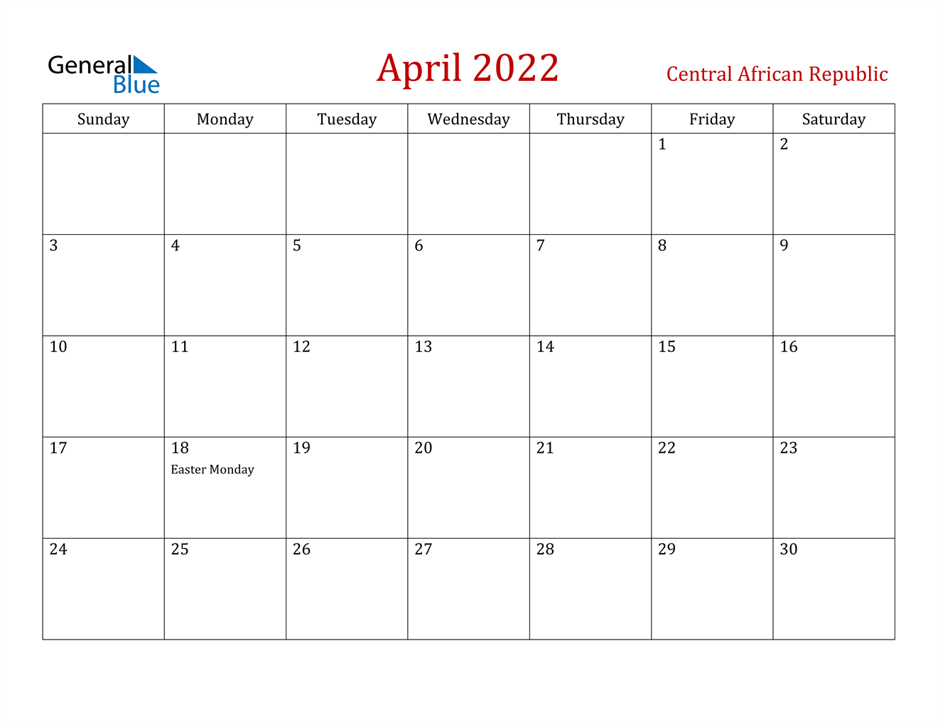 april 2022 calendar central african republic