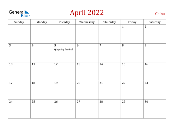 China April 2022 Calendar