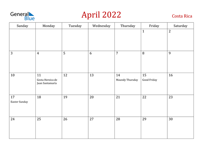 Costa Rica April 2022 Calendar