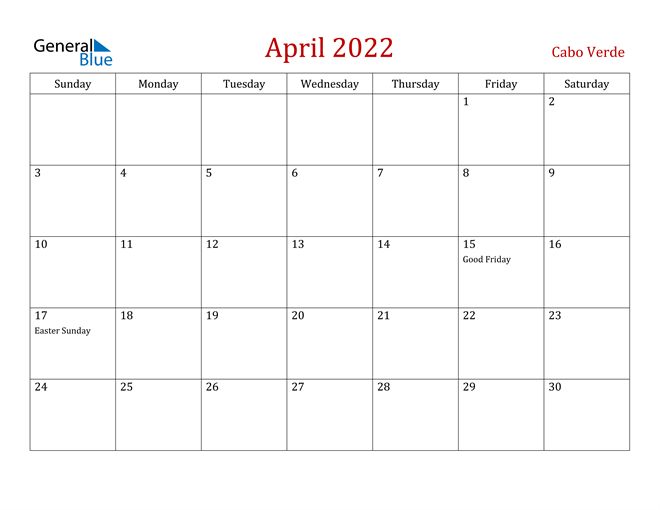 Cabo Verde April 2022 Calendar