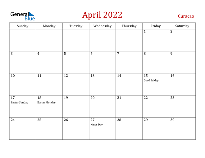Curacao April 2022 Calendar
