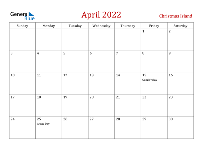 Christmas Island April 2022 Calendar