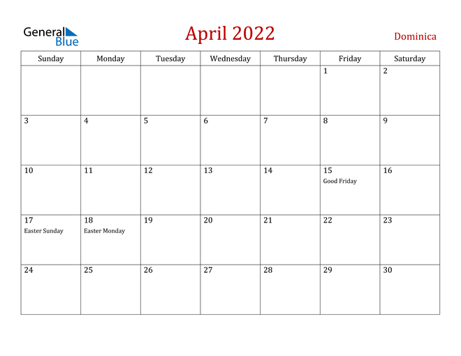 Dominica April 2022 Calendar