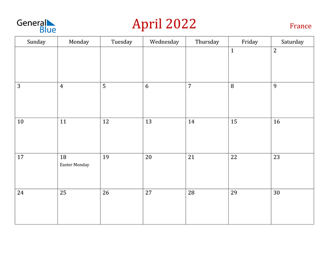 France April 2022 Calendar