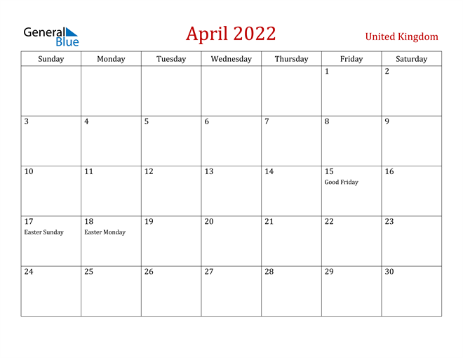 United Kingdom April 2022 Calendar With Holidays