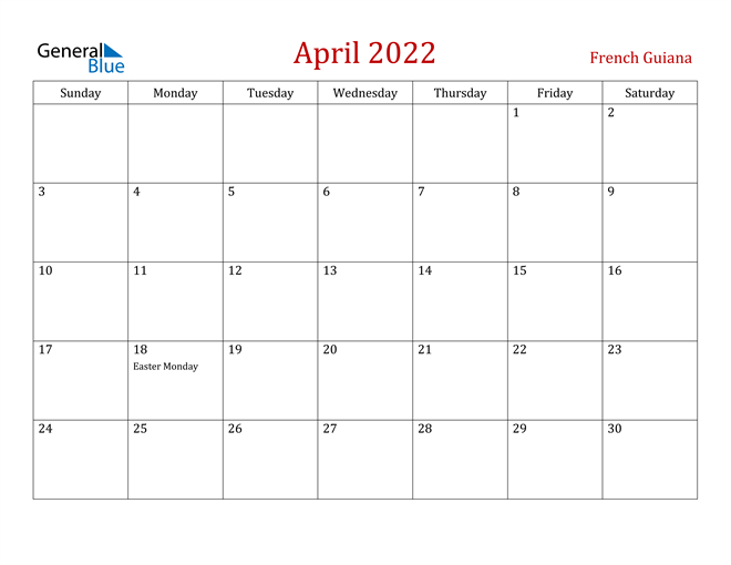 French Guiana April 2022 Calendar