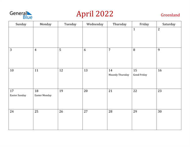 Greenland April 2022 Calendar