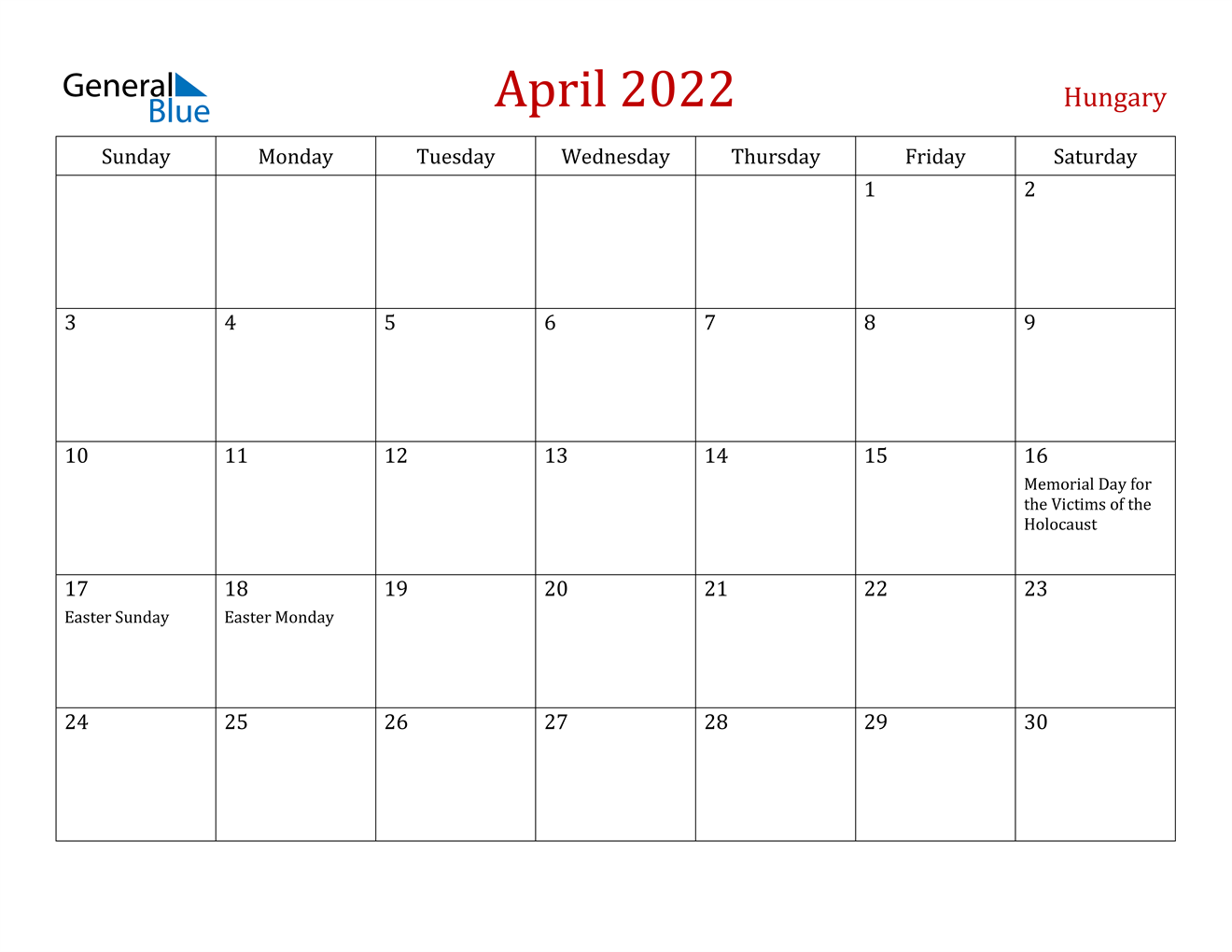 hungary april 2022 calendar with holidays