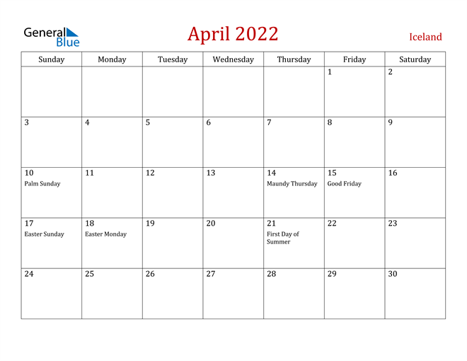 Iceland April 2022 Calendar