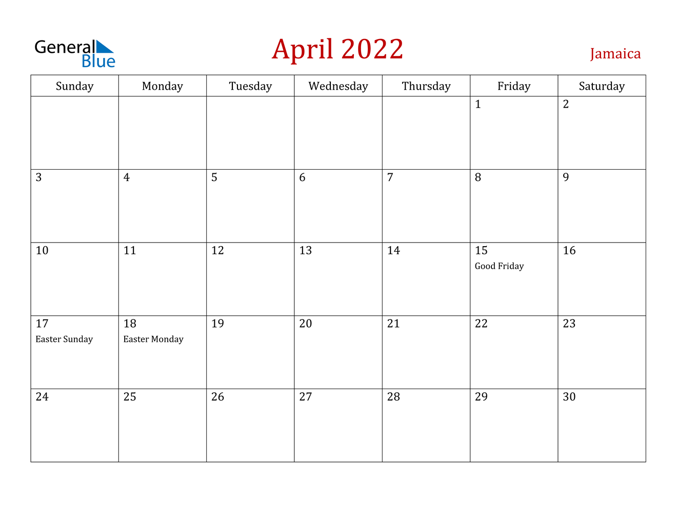 april 2022 calendar jamaica