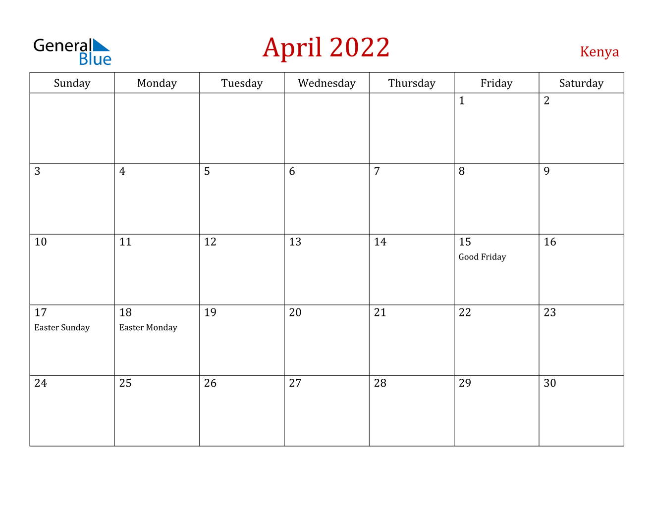 april 2022 calendar kenya