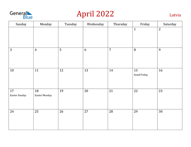 Latvia April 2022 Calendar