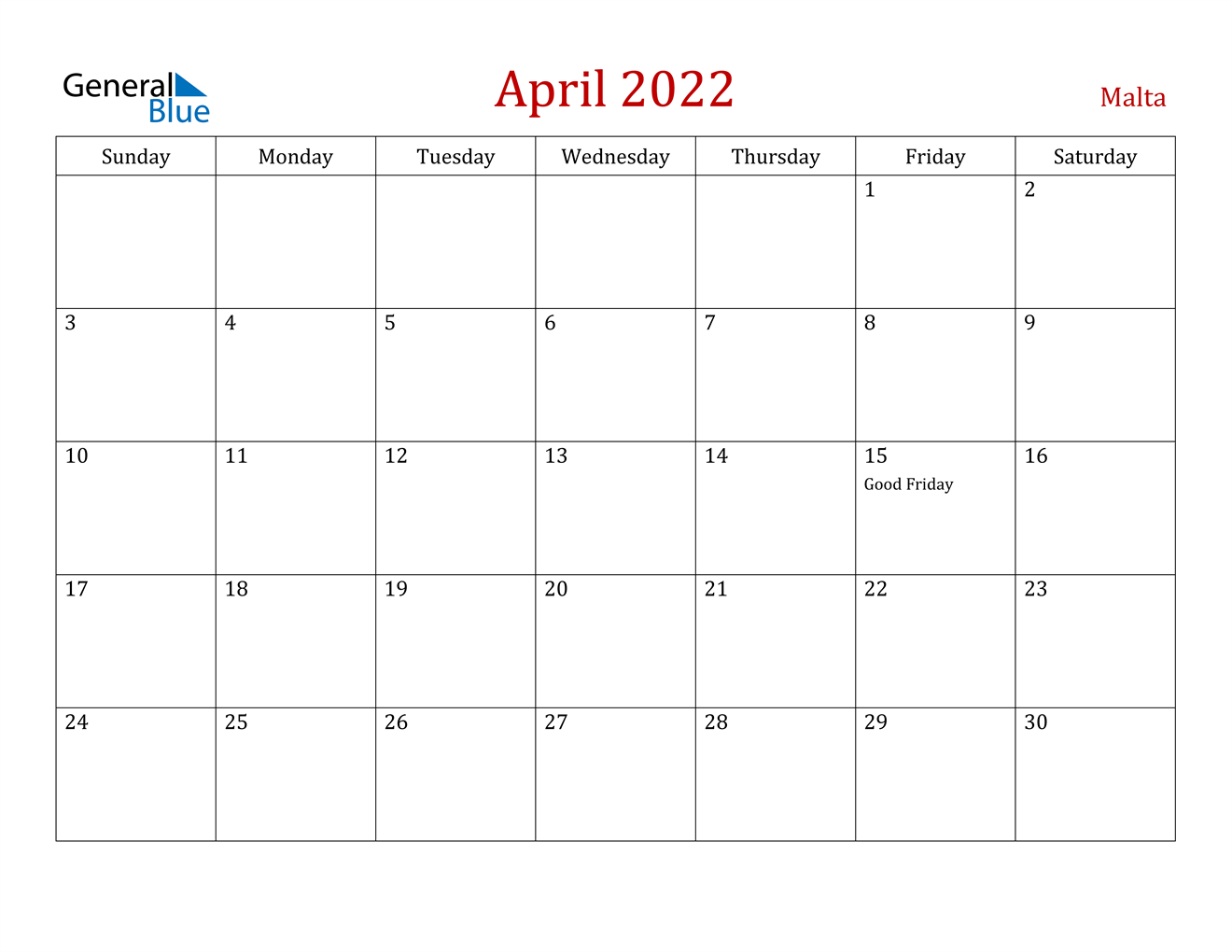 April 2022 Calendar - Malta