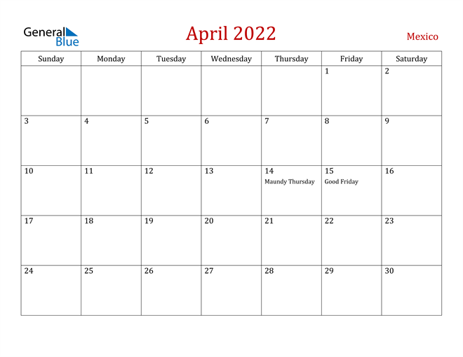 Mexico April 2022 Calendar