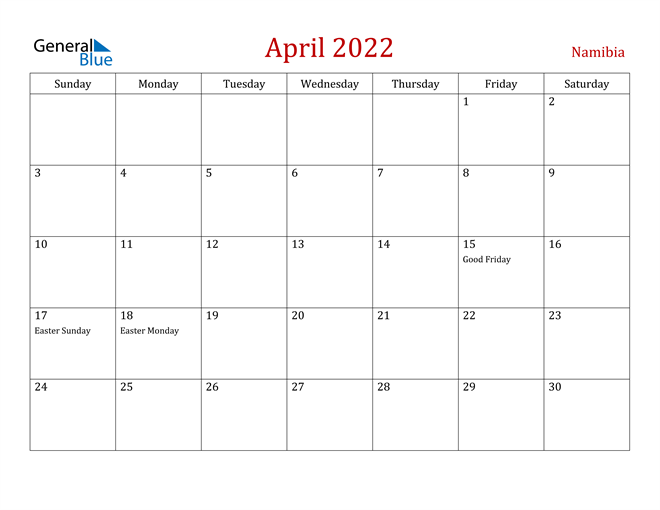 namibia april 2022 calendar with holidays