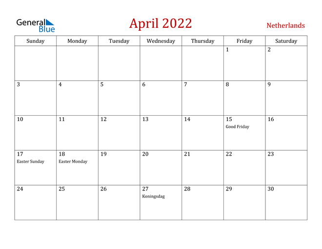 netherlands april 2022 calendar with holidays