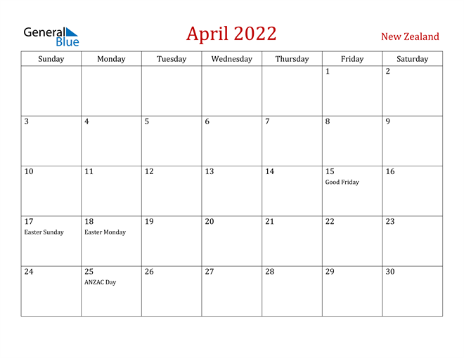 New Zealand April 2022 Calendar