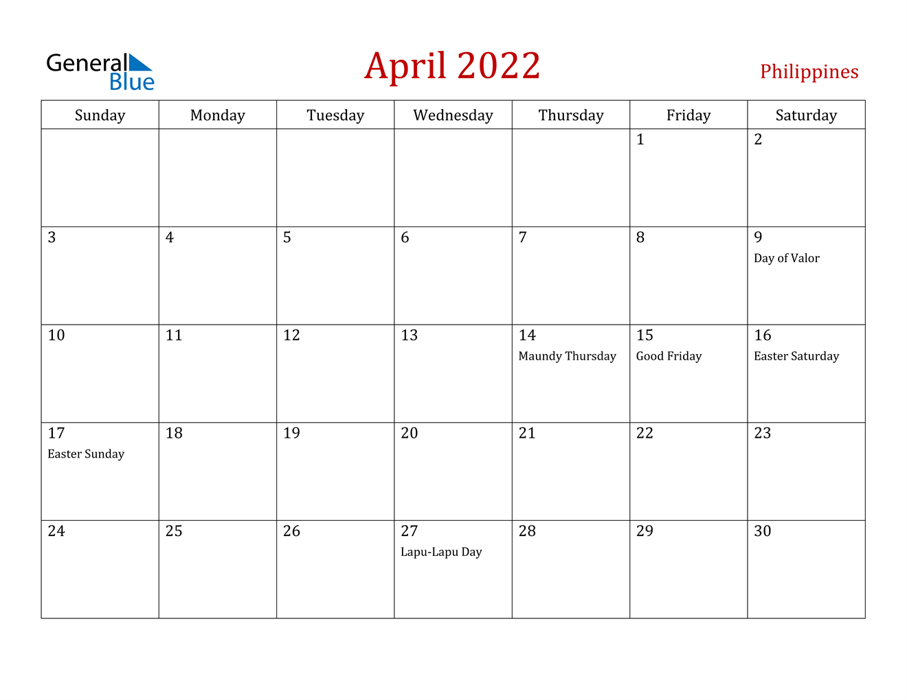 april 2022 calendar philippines