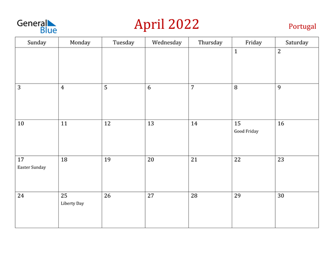 Portugal April 2022 Calendar