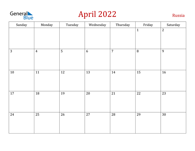 Russia April 2022 Calendar