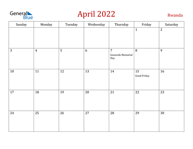 Rwanda April 2022 Calendar