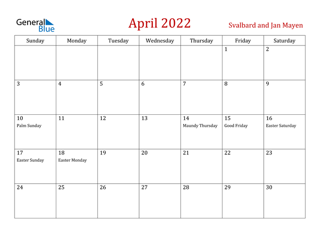 Svalbard and Jan Mayen April 2022 Calendar