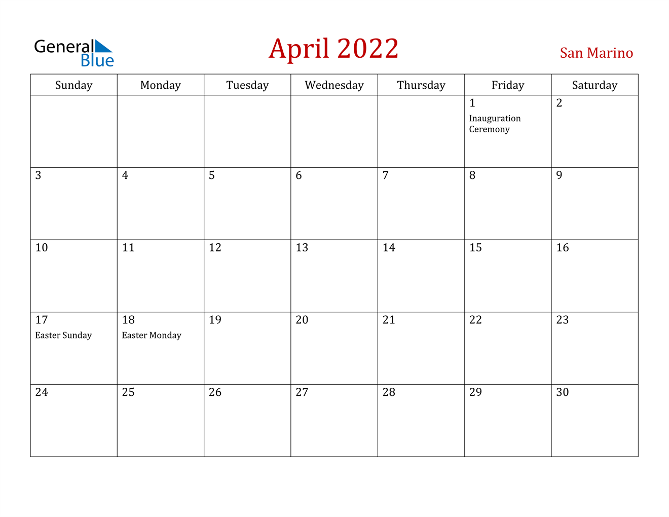 april 2022 calendar san marino