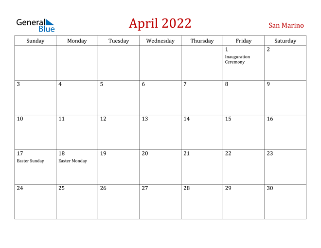 San Marino April 2022 Calendar