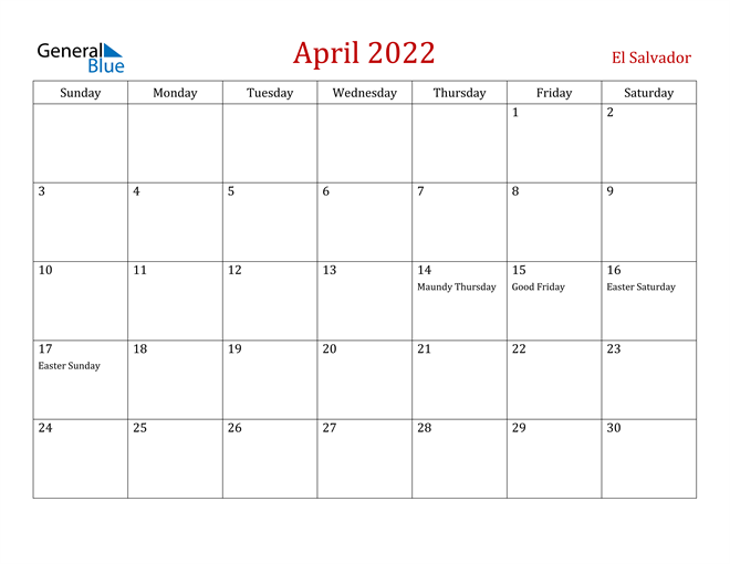 El Salvador April 2022 Calendar