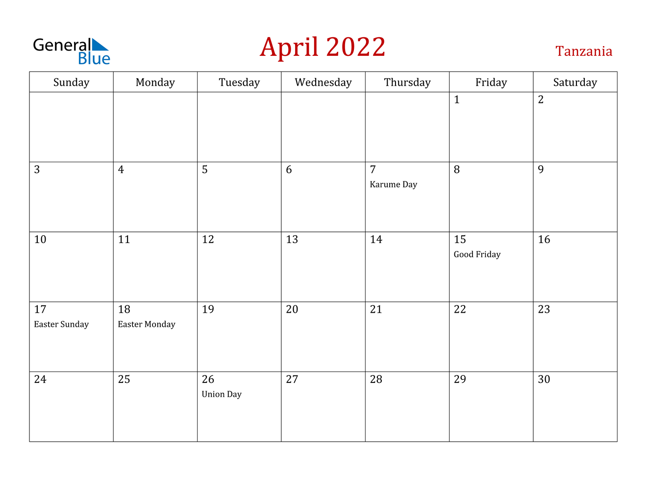 april 2022 calendar tanzania