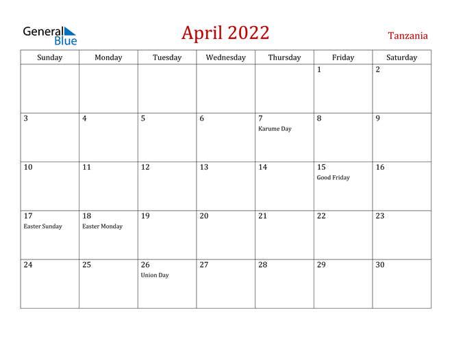 Tanzania April 2022 Calendar