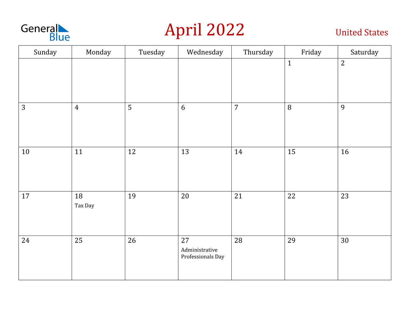 april 2022 calendar united states