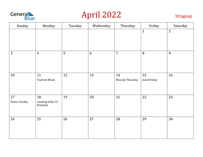 uruguay april 2022 calendar with holidays