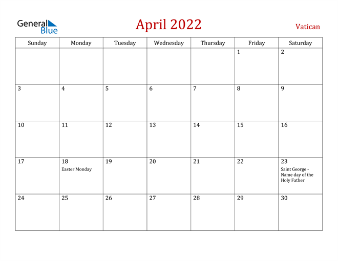 Vatican April 2022 Calendar
