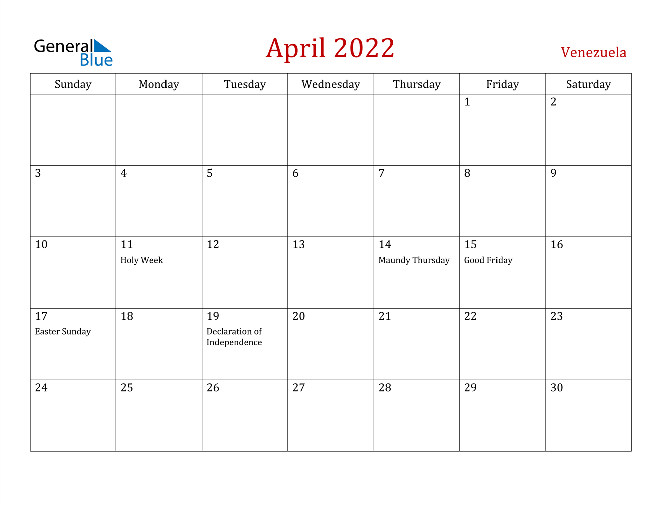 april 2022 calendar venezuela
