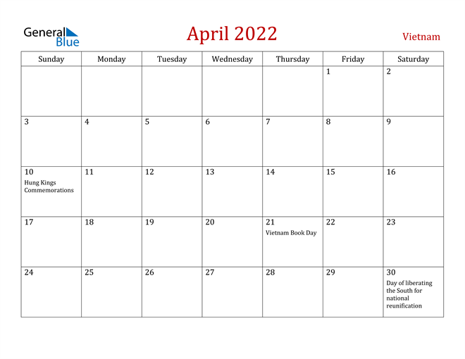 Vietnam April 2022 Calendar