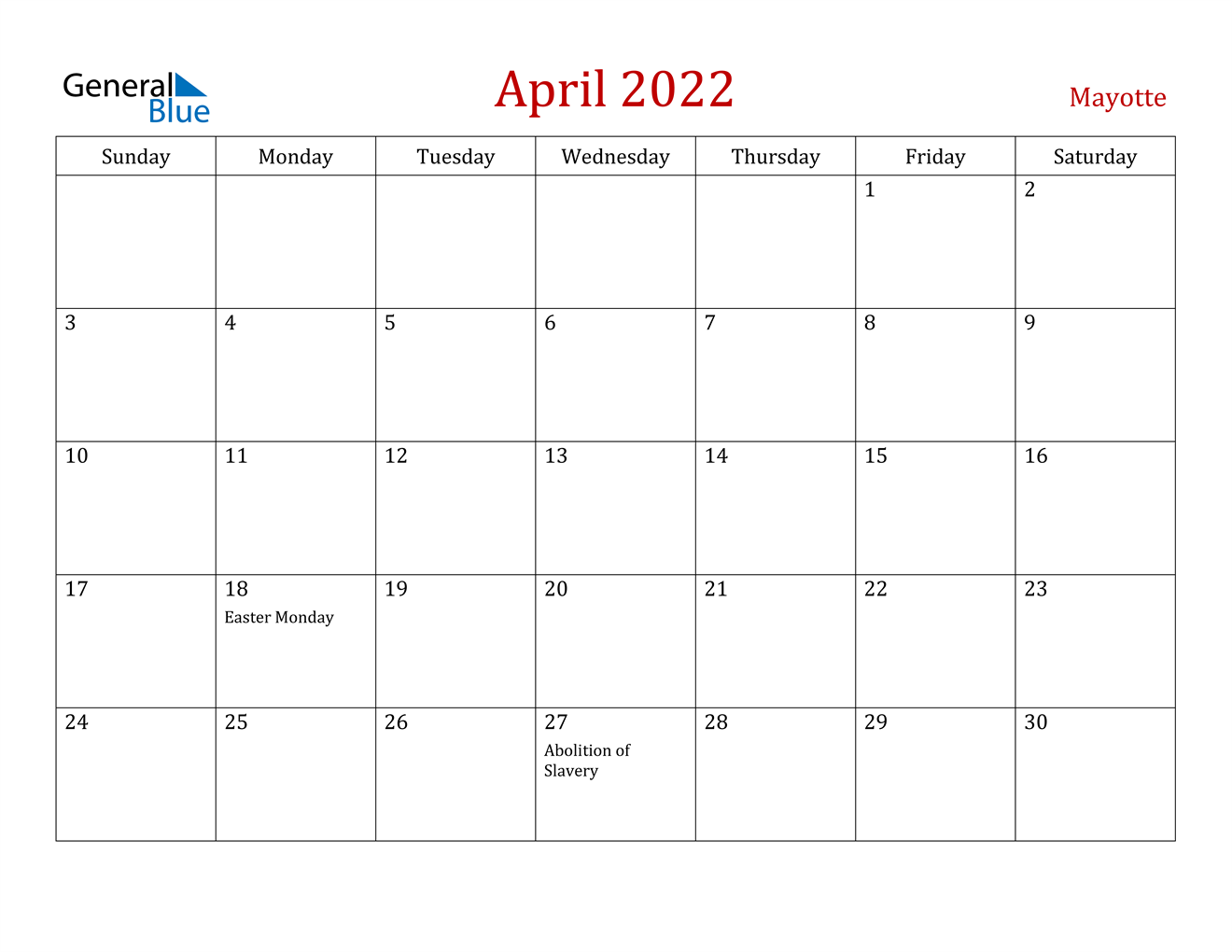 april 2022 calendar mayotte