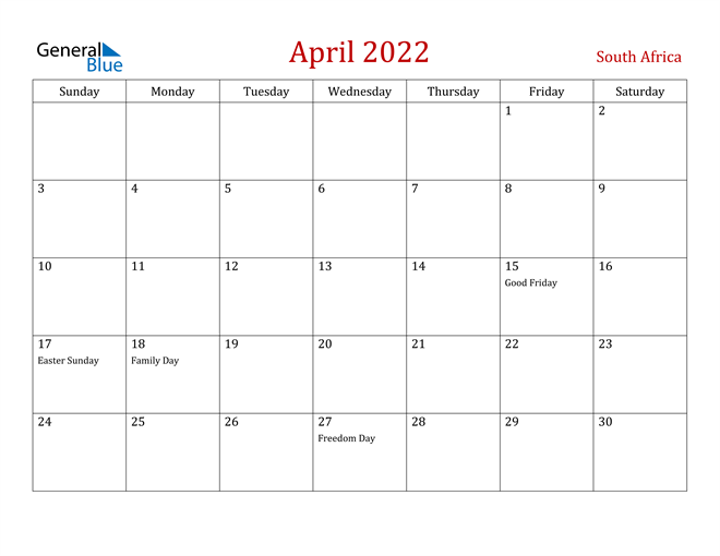 South Africa April 2022 Calendar with Holidays