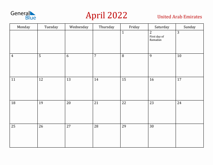 United Arab Emirates April 2022 Calendar - Monday Start