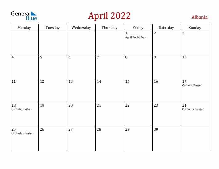 Albania April 2022 Calendar - Monday Start