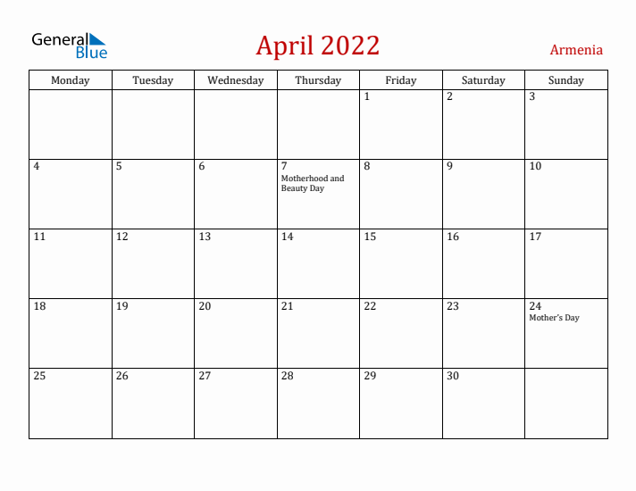Armenia April 2022 Calendar - Monday Start