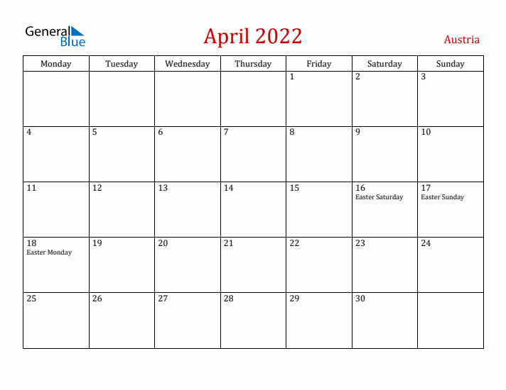 Austria April 2022 Calendar - Monday Start