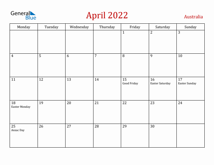 Australia April 2022 Calendar - Monday Start