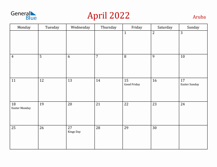 Aruba April 2022 Calendar - Monday Start