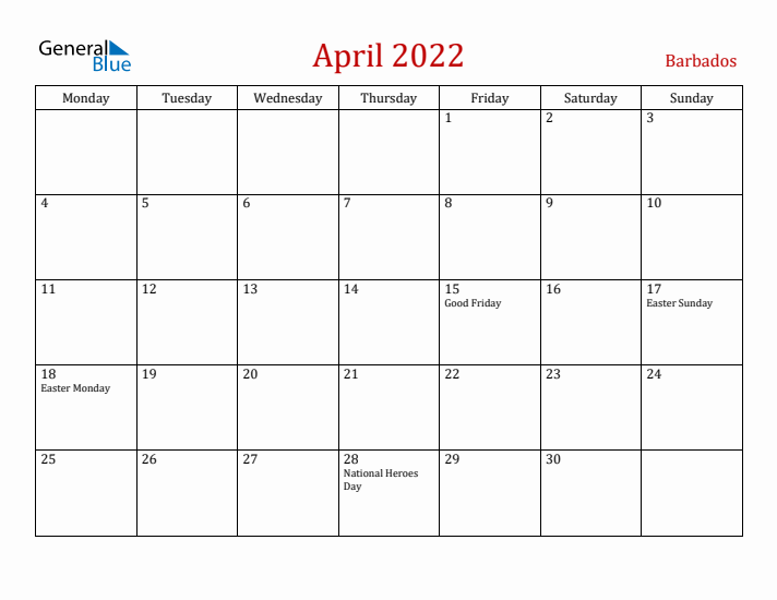 Barbados April 2022 Calendar - Monday Start