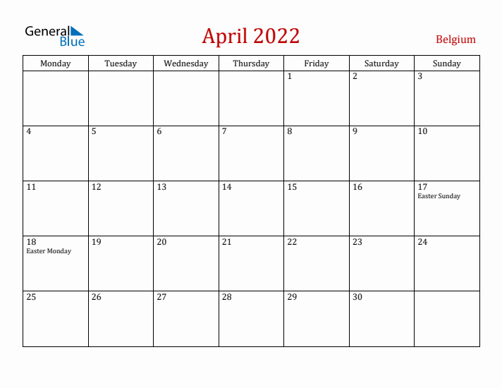 Belgium April 2022 Calendar - Monday Start